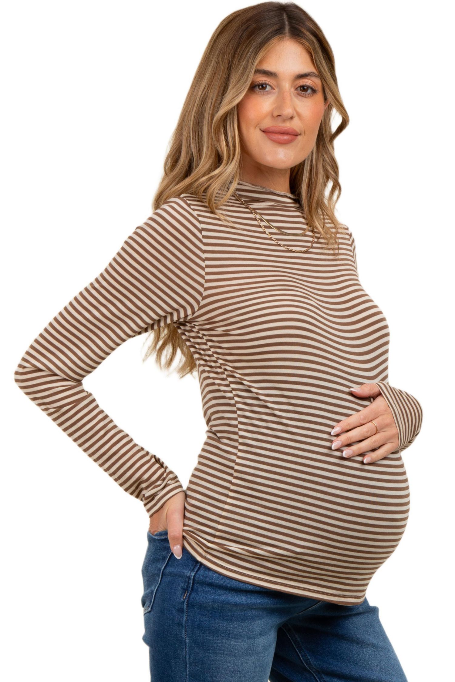 Women's Mocha Striped High Neck Long Sleeve Top