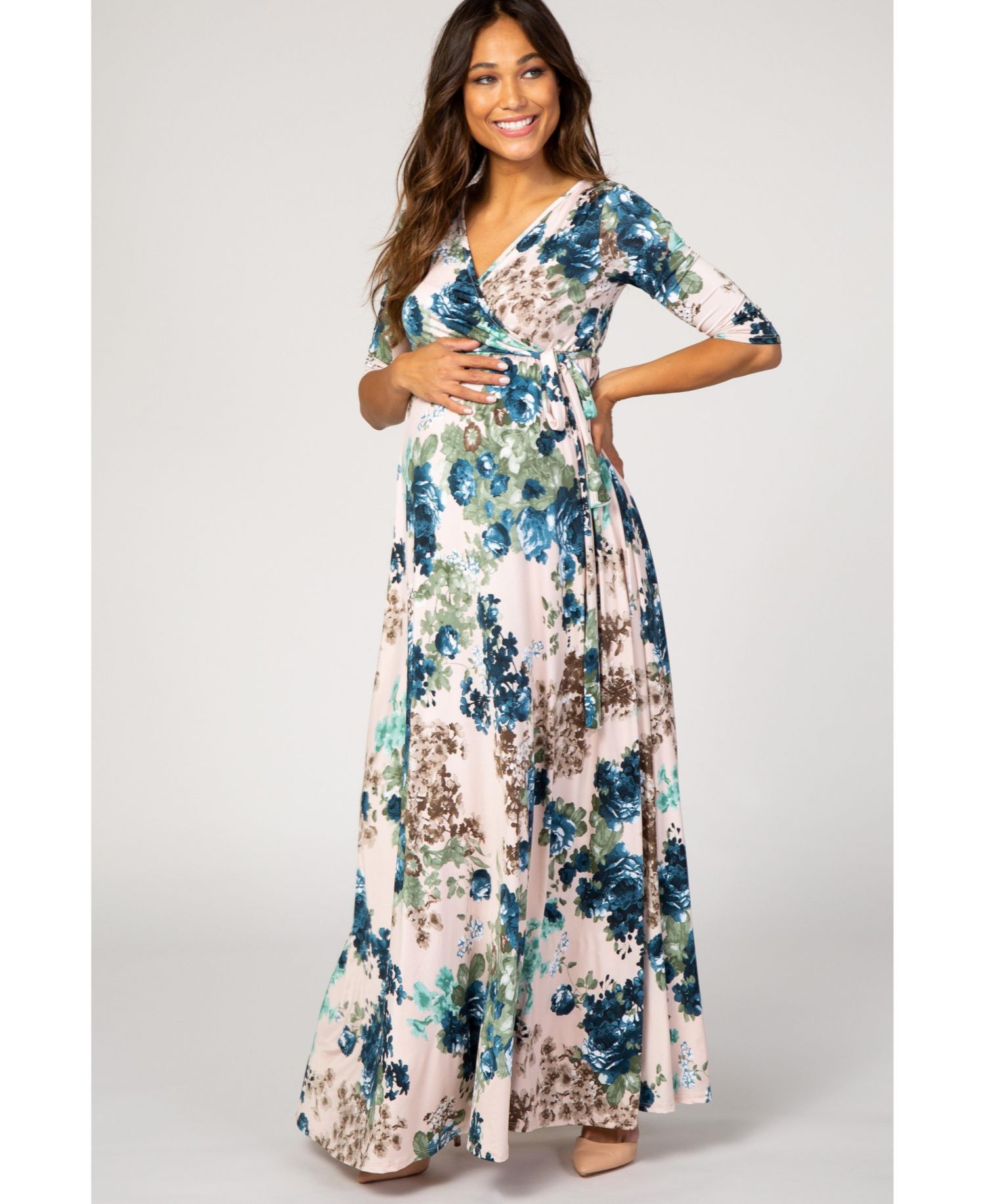 Women's Light Pink Floral Sash Tie Maternity/Nursing Dress