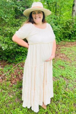 Cream Off Shoulder Ruffle Tiered Maternity Maxi Dress
