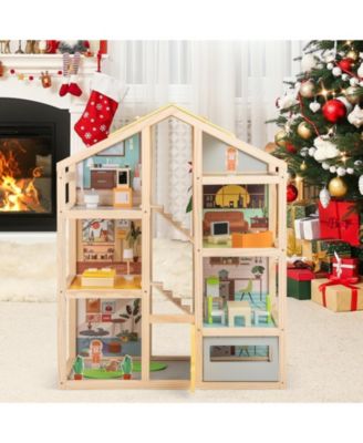 Wooden Dollhouse for Kids Modern Family Pretend Playhouse with Furniture Pieces and Figures