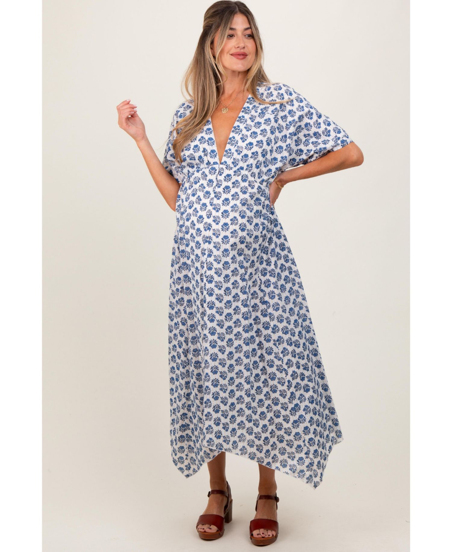 Navy Floral Deep V-Neck Handkerchief Hem Maternity Maxi Dress