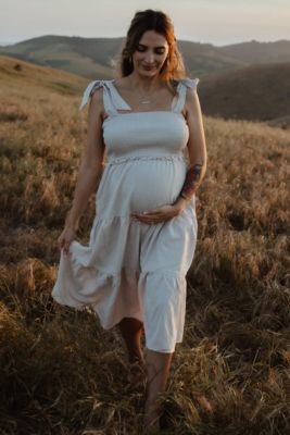 Maternity Rust Bow Strap Tiered Midi Dress