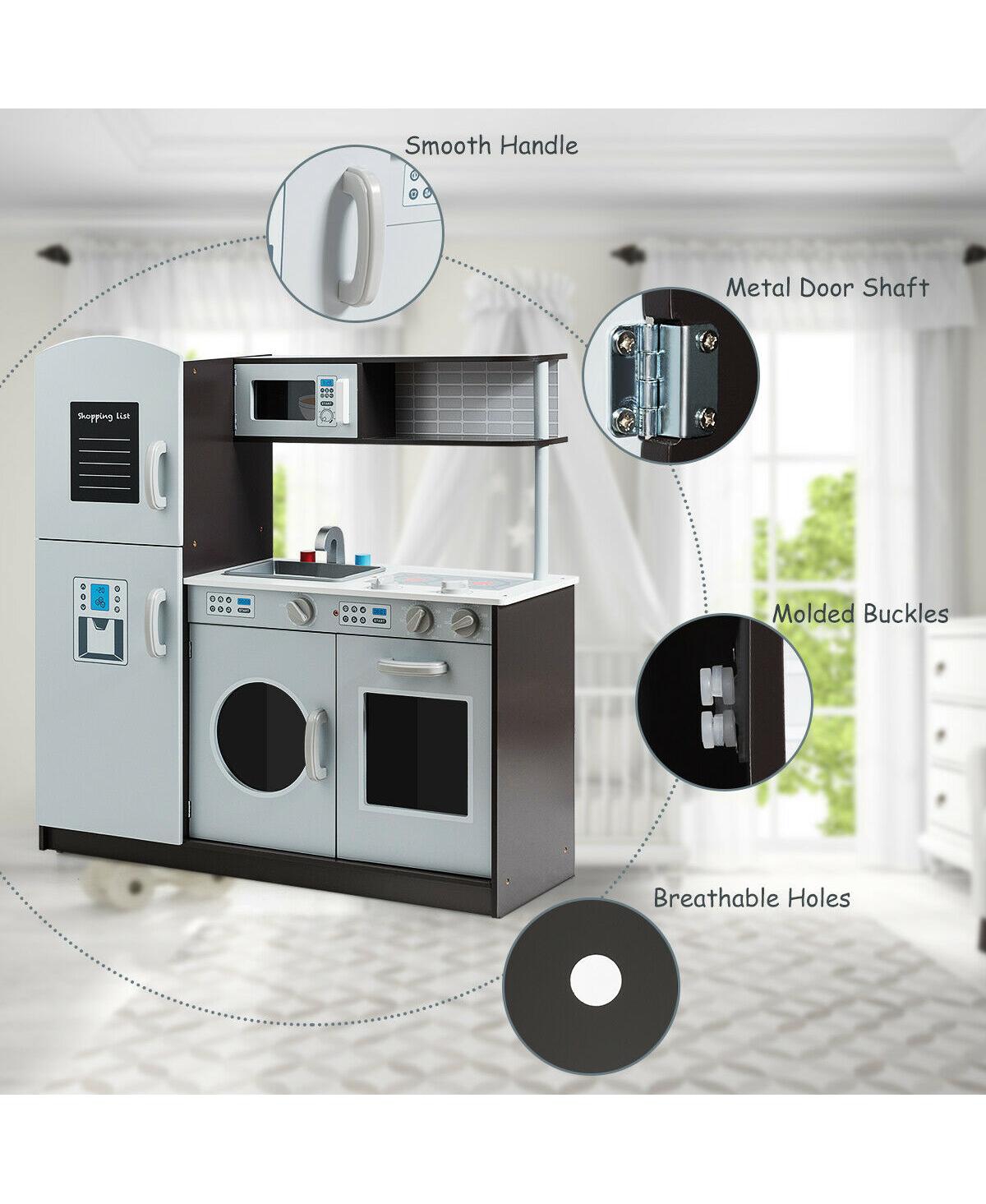 Kids Wooden Play Kitchen Set with Stove Sink Microwave Oven and Storage