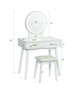 Small Vanity Desk with Mirror and Lights, Makeup Table with 4 Drawers, Vanity Stool, Round Lighted Mirror, 3 Color Modes, Dressing Table Set