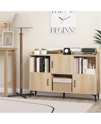 Sideboard Storage Cabinet Bookcase with 3 Doors and Open Compartments