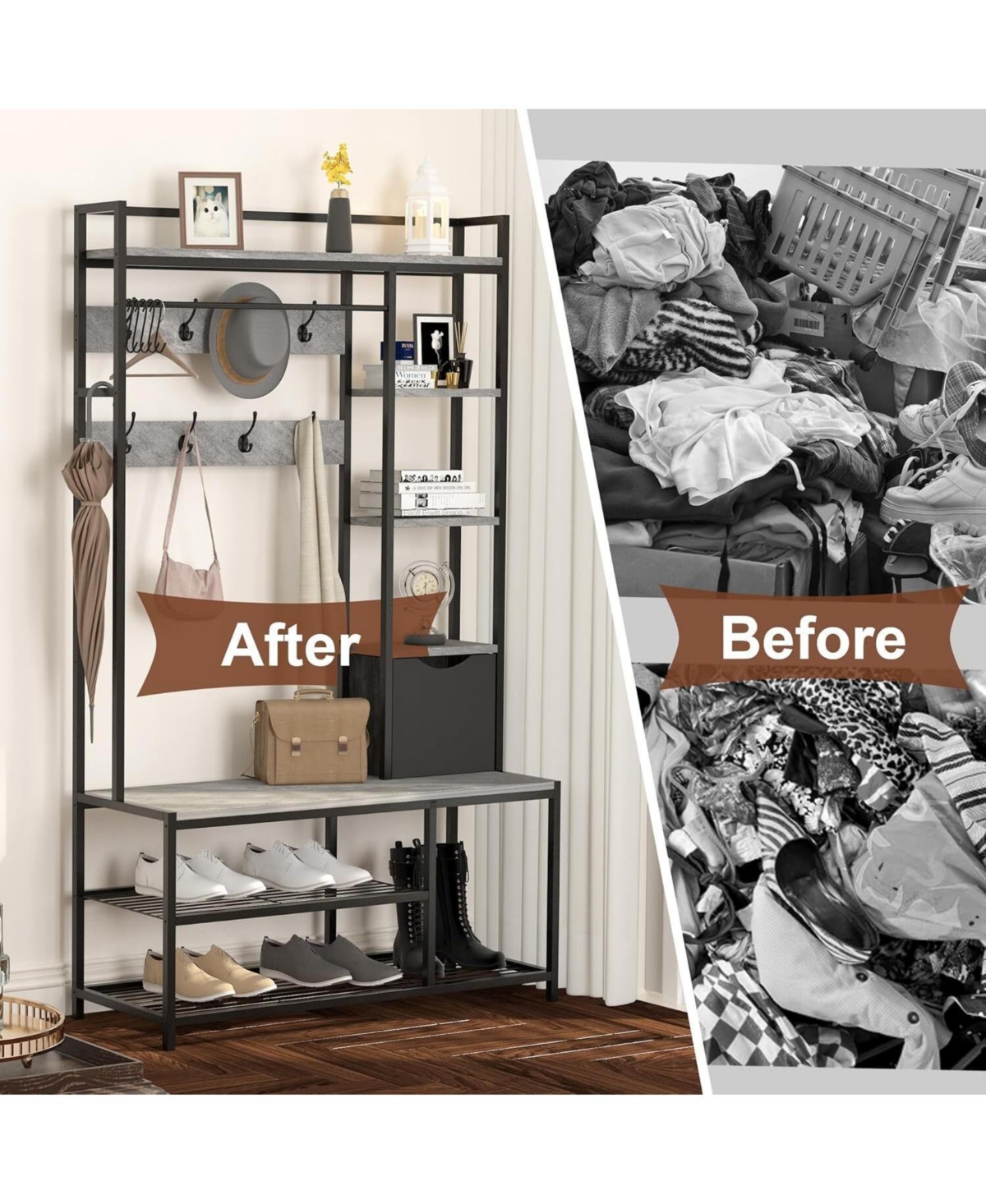 gaomon Hall Tree with Storage Bench - 41.34 In Freestanding Entryway Bench with Coat Rack, 5-In-1 Intelligent Design Featuring Shoe Storage