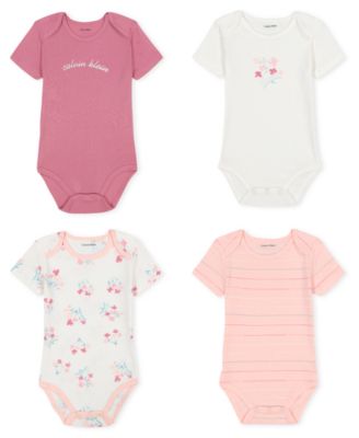 Baby Girls' Short Sleeve Ribbed Trim Floral Logo Bodysuit, 4-Pack Set