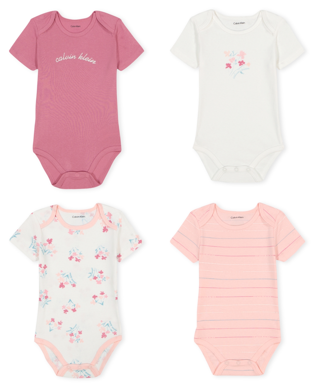 Calvin Klein Baby Girls 4-pack Short Sleeve Ribbed Trim Floral Logo Bodysuit Set In Pink