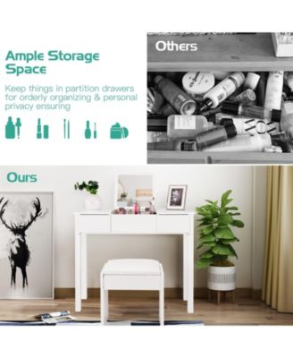 2-Pc. Wood Flip-Top Mirror Vanity Dressing Table Set with Cushioned Stool