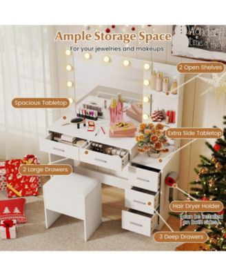 Makeup Table and Stool Set with Hair Dryer Stand