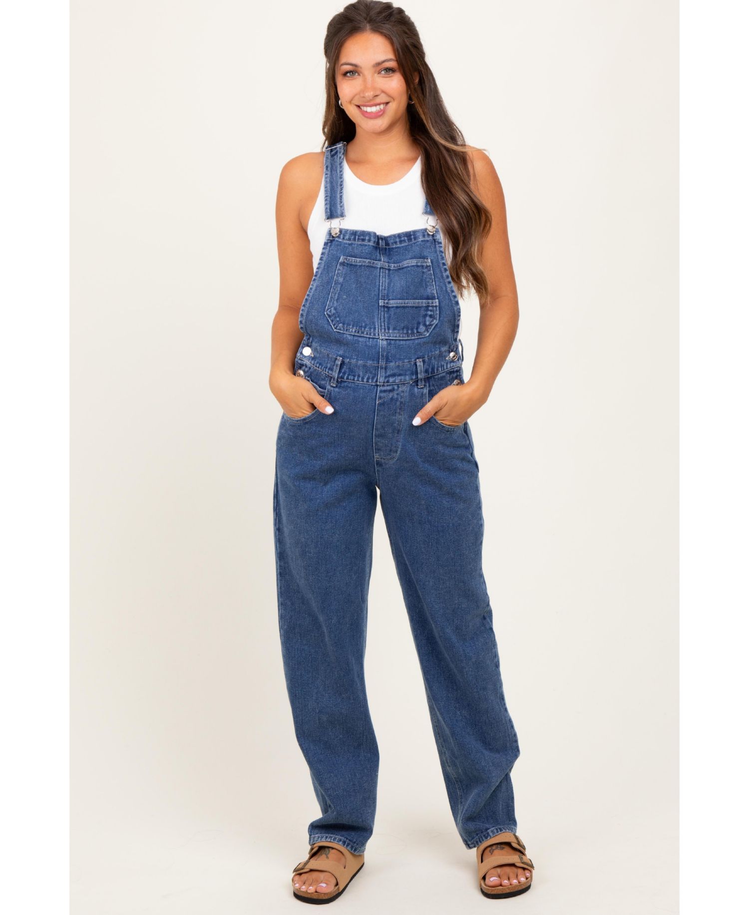 Women's Blue Wash Rolled Cuff Denim Overalls