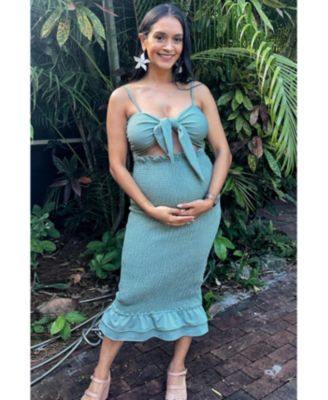 Women's Green Gingham Print Smocked Fitted Self-Tie Maternity Midi Dress