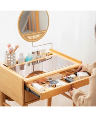 Bamboo Makeup Vanity Table with Stool and Rotating Mirror