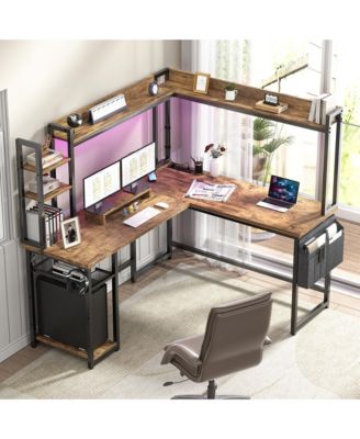 L-Shaped Desk with Hutch & Power Outlet, Corner Computer Desk with Led Lights
