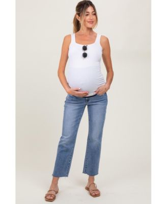 Maternity Blue Cropped Raw Hem Straight Leg Jeans