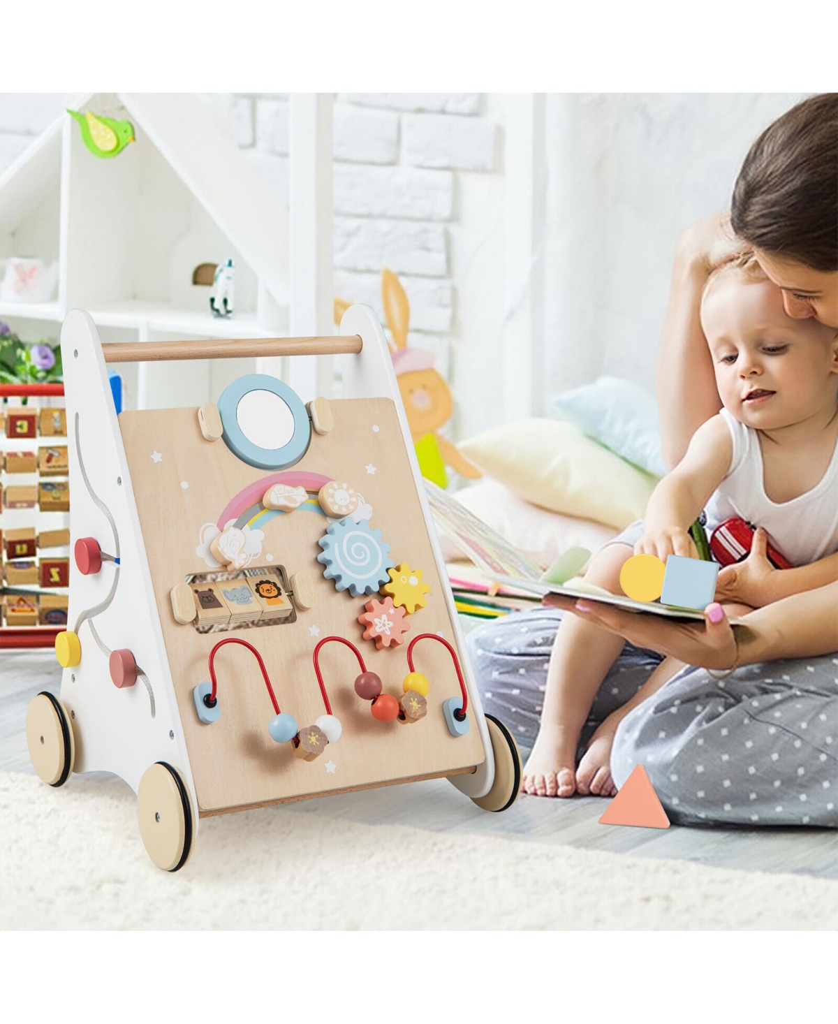 Gymax Toddler Wooden Walker Activity Center with Mirror Shape Sorter for 1+ Year Old
