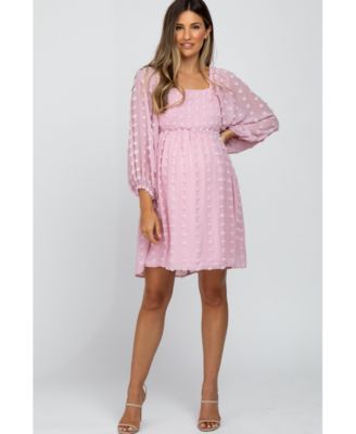 Maternity Pink Textured Dot Smocked Square Neck Chiffon Dress