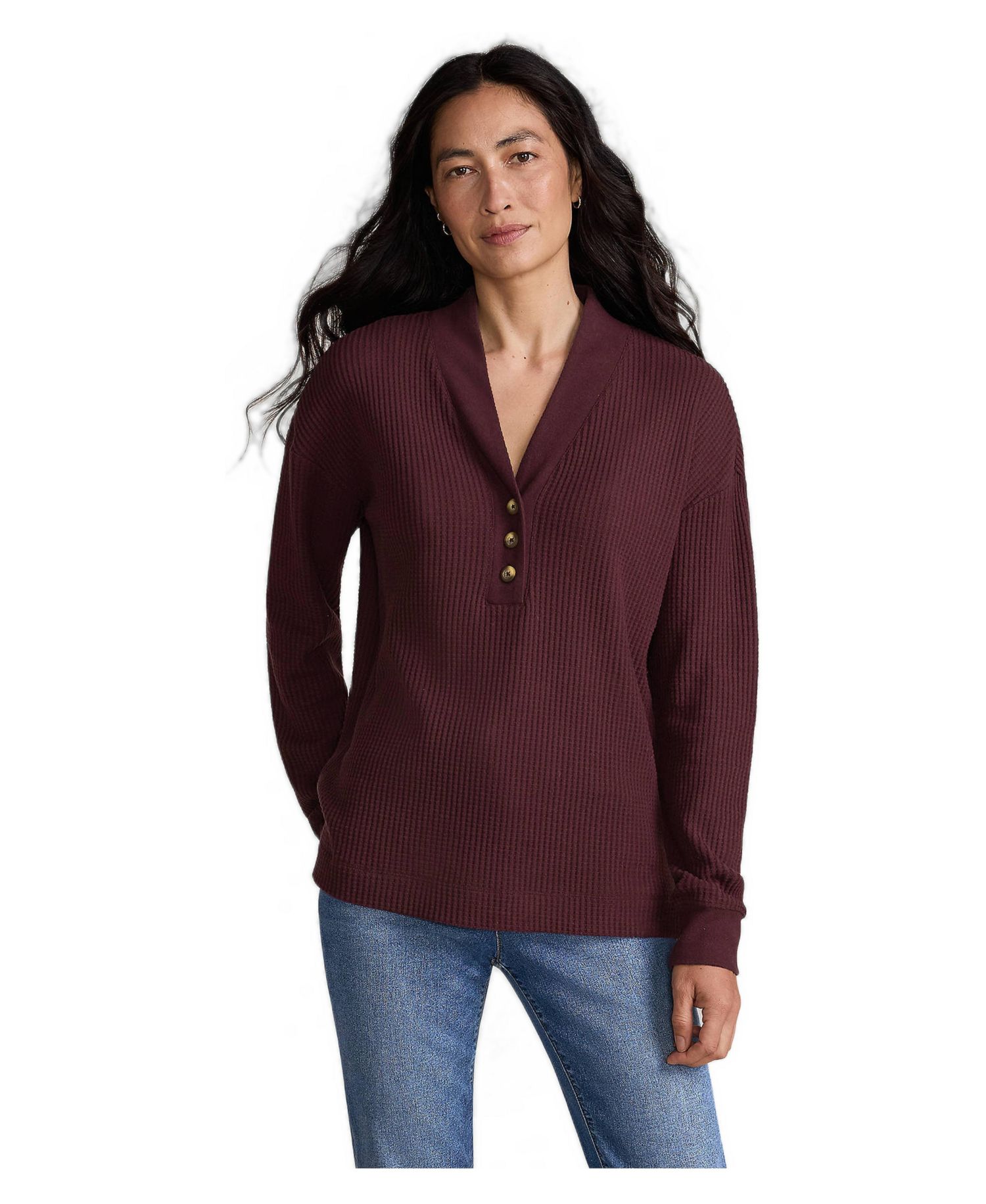 Women's Long Sleeve Waffle Shawl Collar Henley