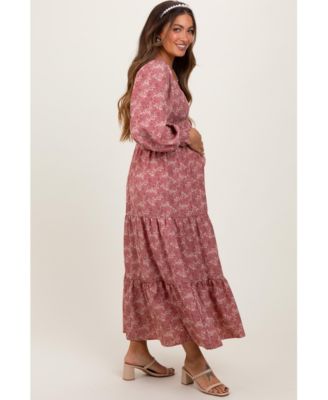 Mauve Floral Smocked Square Neck Maternity Maxi Dress