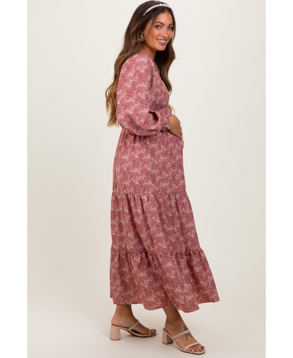 Pinkblush Mauve Floral Smocked Square Neck Maternity Maxi Dress