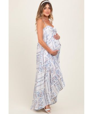 Light Blue Hi-Lo Spaghetti Strap Patchwork Ruffle Maternity Maxi Dress