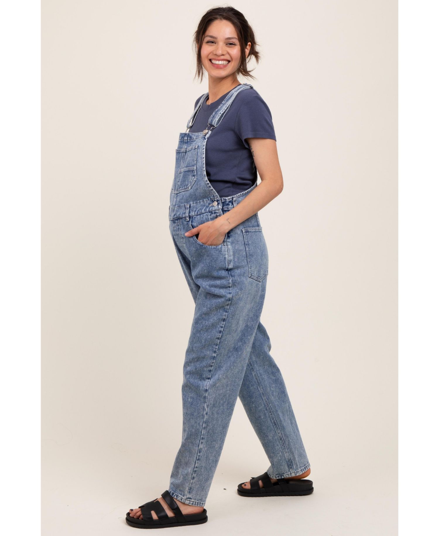Women's Light Blue Wash Rolled Cuff Denim Overalls