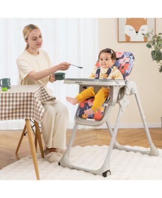Baby High Chair w/ 7 Height & 3 Footrest Adjustable Cup holder 2 Wheels Flower