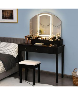 Generic 2-Pc. Wood Tri-Folding Lighted Mirror Vanity Table Set with Stool