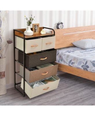 4-Tier Organizer Tower Steel Frame Wooden Top Storage with 5-Drawer Dresser