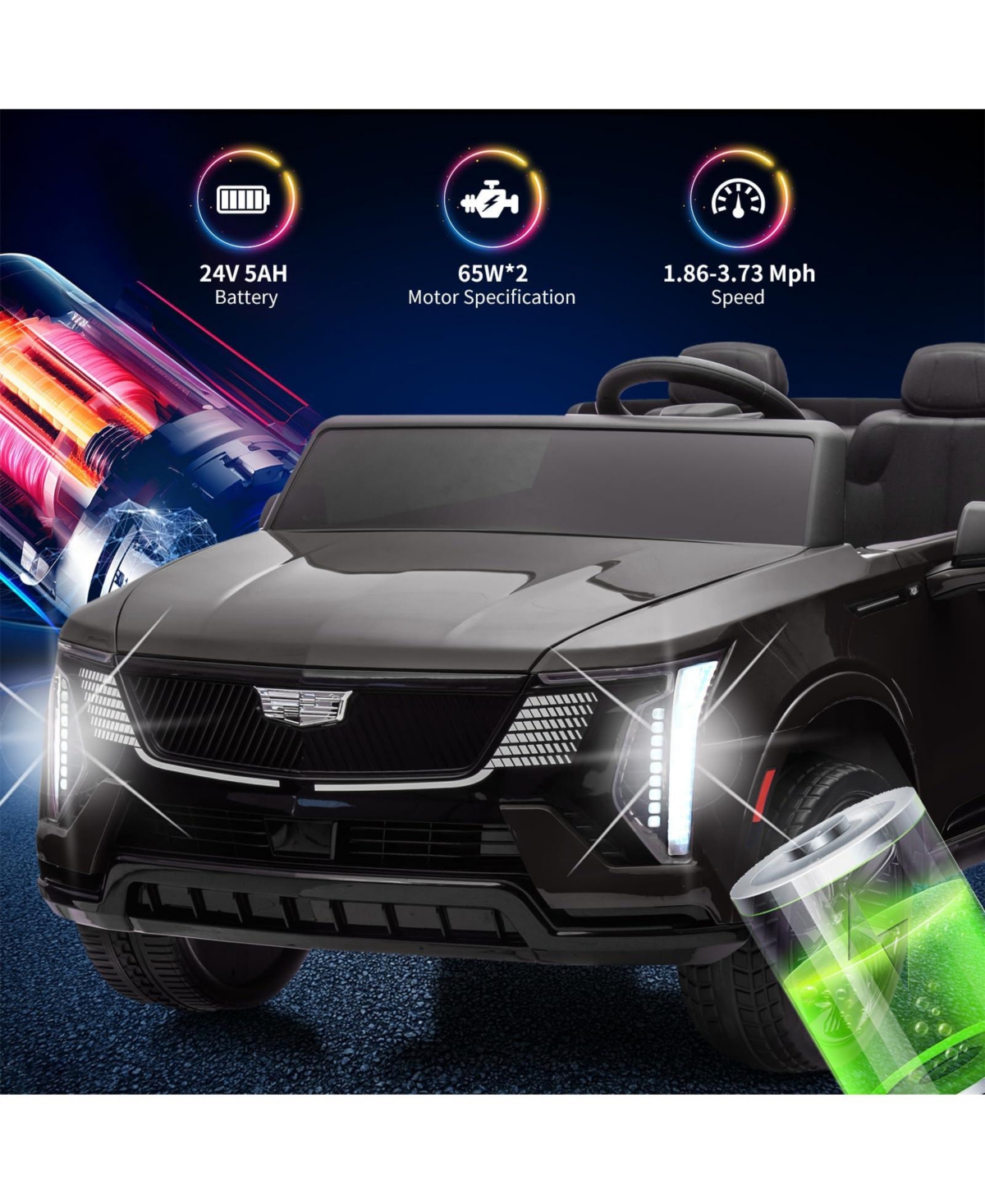 2 Seater Ride on Truck, 24V Licensed Cadillac Kids Car Electric Vehicles w/Remote Control, 3 Speeds, Led Lights