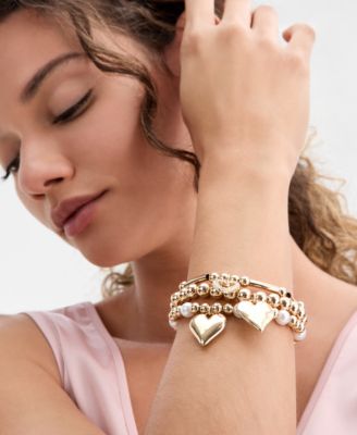 3-Pc. Set Pav&eacute; Heart Imitation Pearl Beaded Stretch Bracelets, Macy's Exclusive