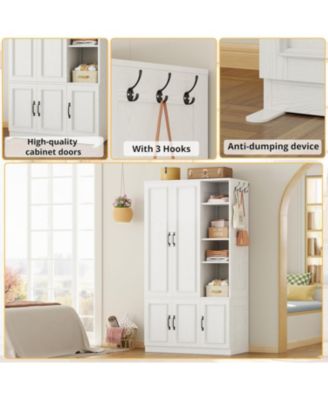 Wooden Wardrobe with 4 Storage Shelves and Hanging Rod