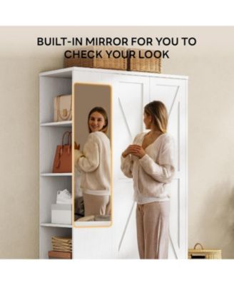 Wooden Wardrobe with Mirror, 2 Doors, Drawer, and Shelves, White