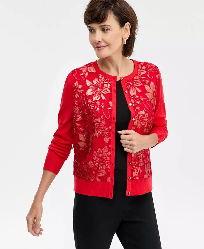 Women's Metallic Jacquard-Front Party Cardigan