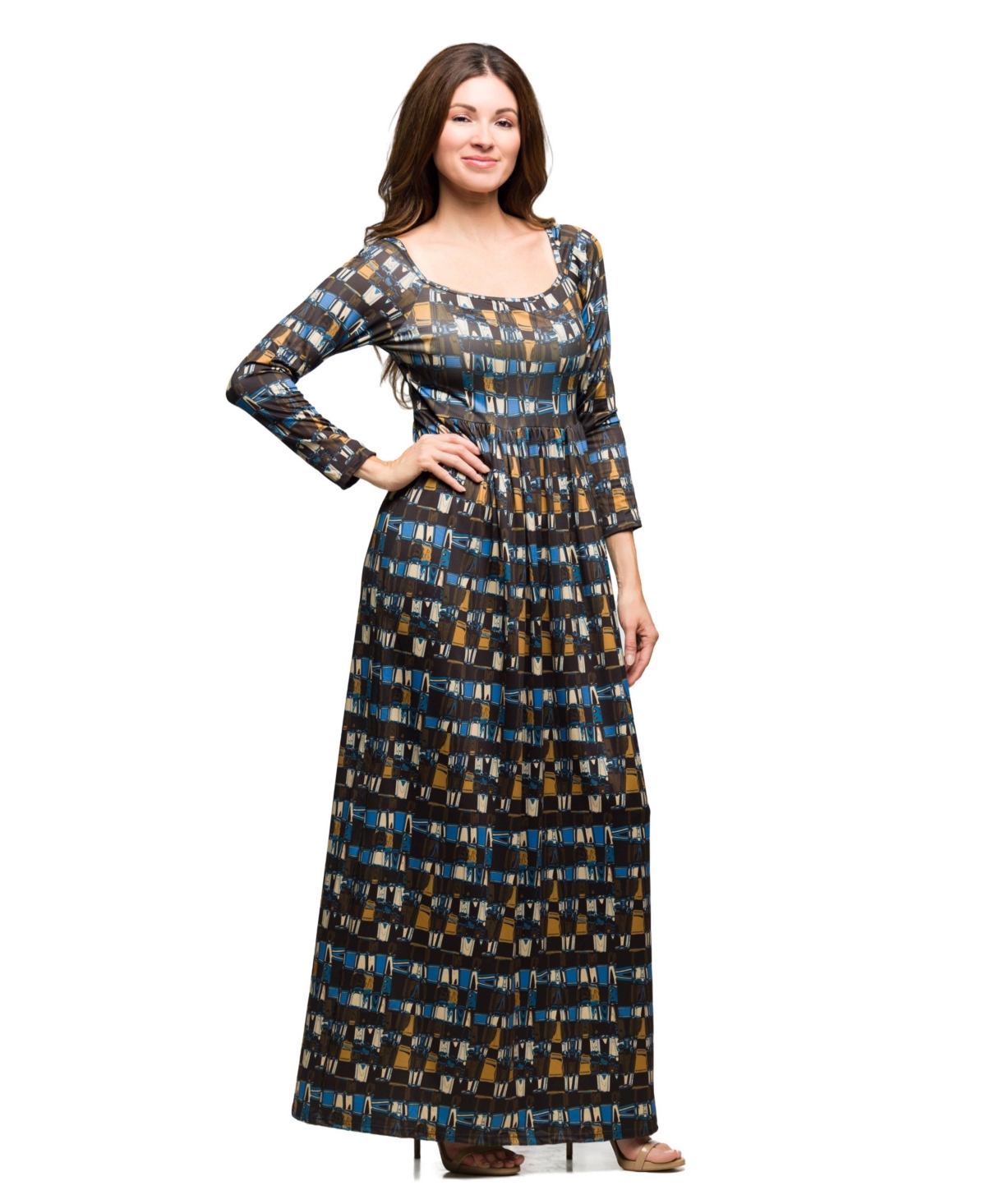 24seven Comfort Apparel Geometric Print Long Sleeve Empire Waist Maxi Dress In Multi