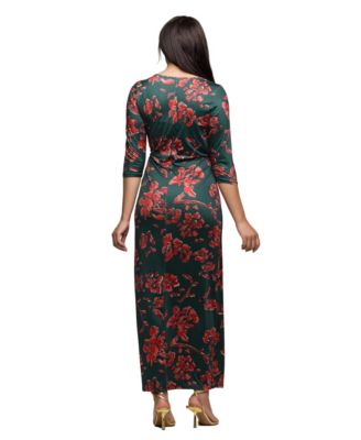Women's Green Floral Print Three Quarter Sleeve Dress