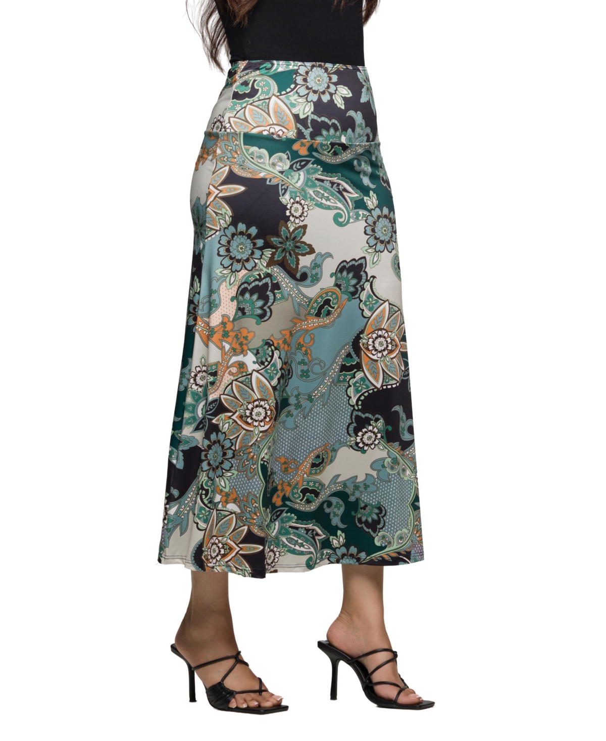 24seven Comfort Apparel Women's Green Paisley Print Midi Skirt
