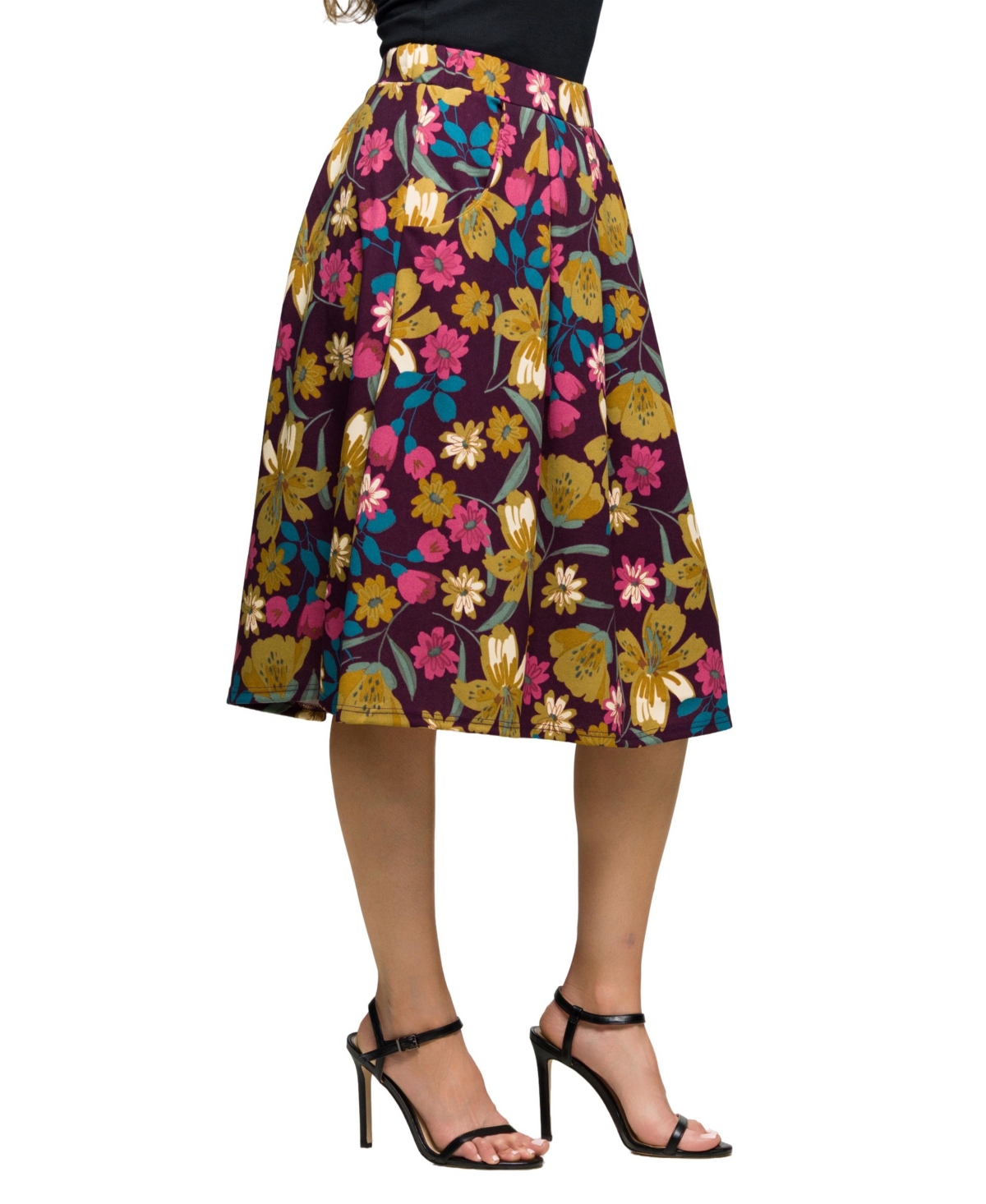 24seven Comfort Apparel Plus Size Purple Floral Elastic Waist Pocket Midi Skirt In Purple