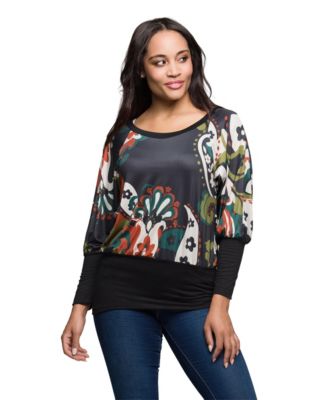 Women's Paisley Multicolor Print Dolman Sleeve Banded Top