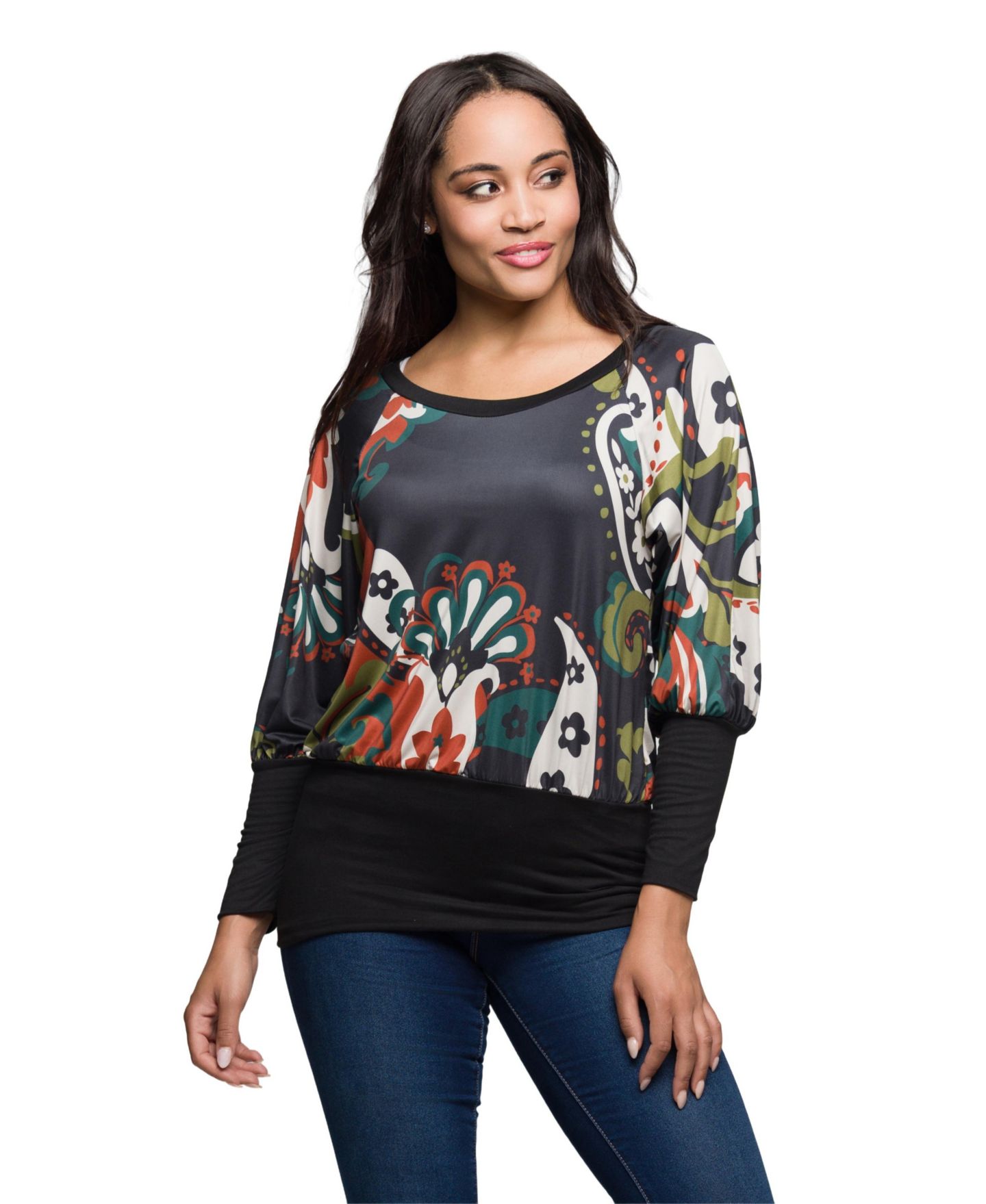 Женский топ 24seven Comfort Apparel Paisley Multicolor Print Dolman Sleeve Banded, цвет: Чёрный разноцветный — фото 1