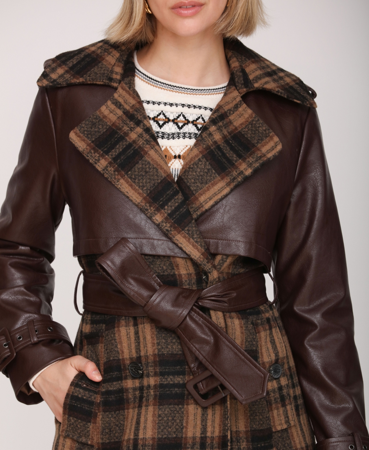 Avec Les Filles Oversized Maxi Combo Trench Coat Multi In Brown