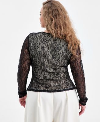 Trendy Plus Size Lace Sheer Long-Sleeve Top, Macy's Exclusive
