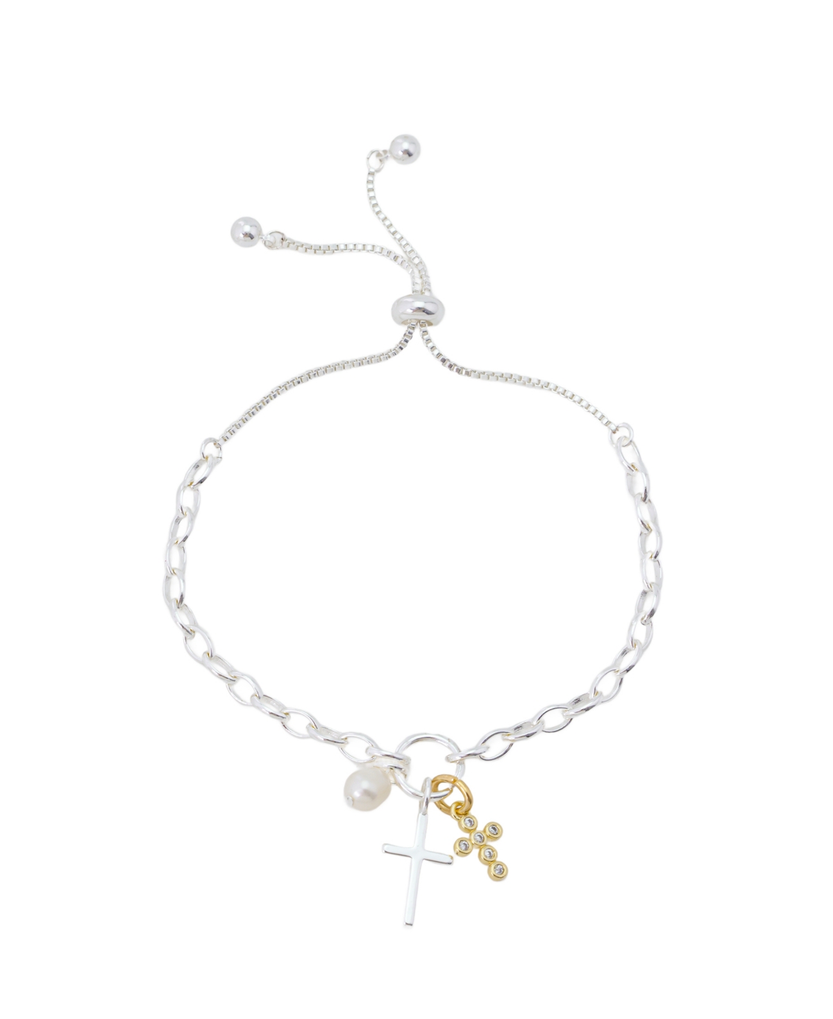 Unwritten Cubic Zirconia And Cultivated Pearl Faith Cluster Charm Bracelet In Yellow