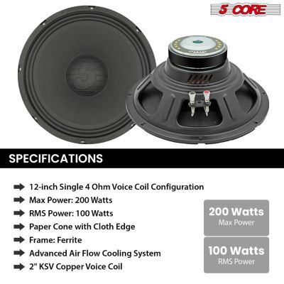 12 Inch Speaker 200W Car Loudspeaker 4 Ohm Replacement Driver w 30 Oz Y30 Magnet for Vehicle - SP 12120 4OHMS