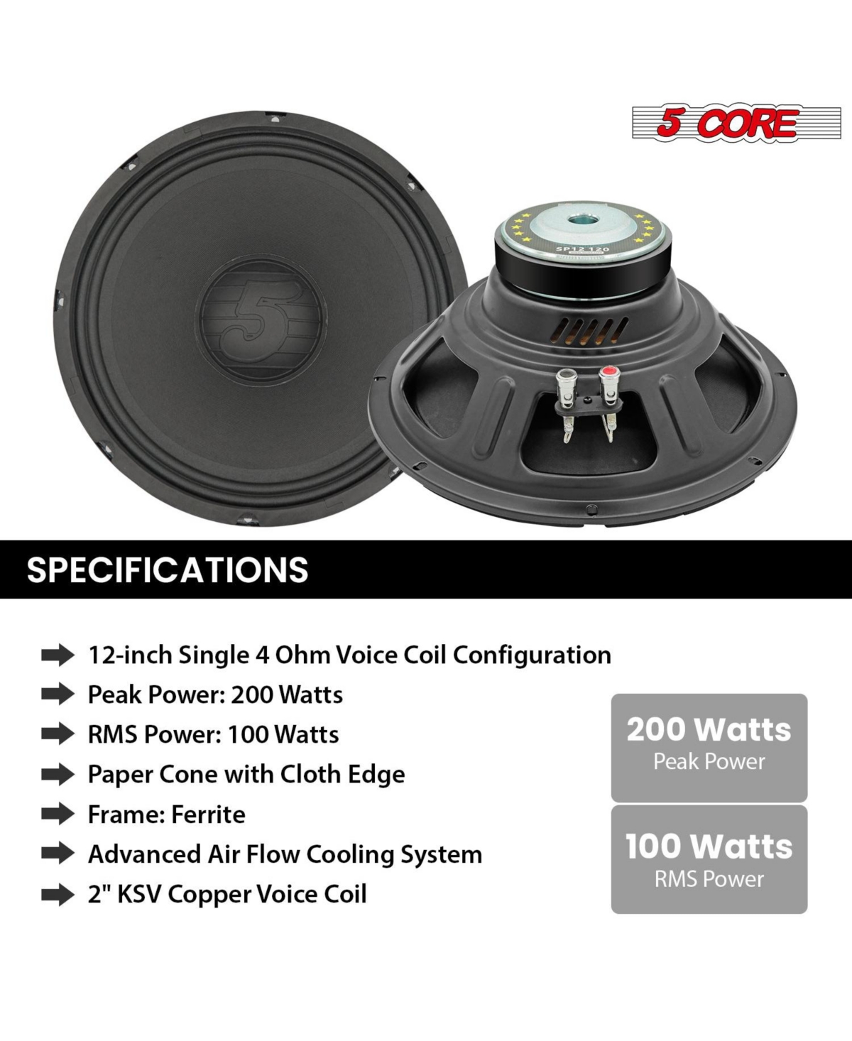 5 Core 12 Inch Speaker 200W Car Loudspeaker 4 Ohm Replacement Driver w 30 Oz Y30 Magnet for Vehicle - Sp 12120 4OHMS