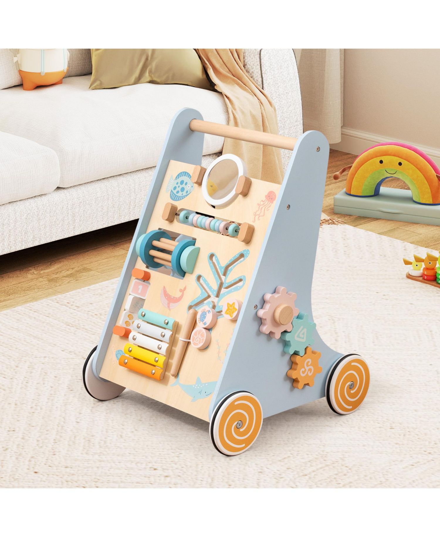 Wooden Baby Walker Sit to Stand Walker w/ Wheels Push and Pull Learning Activity Center