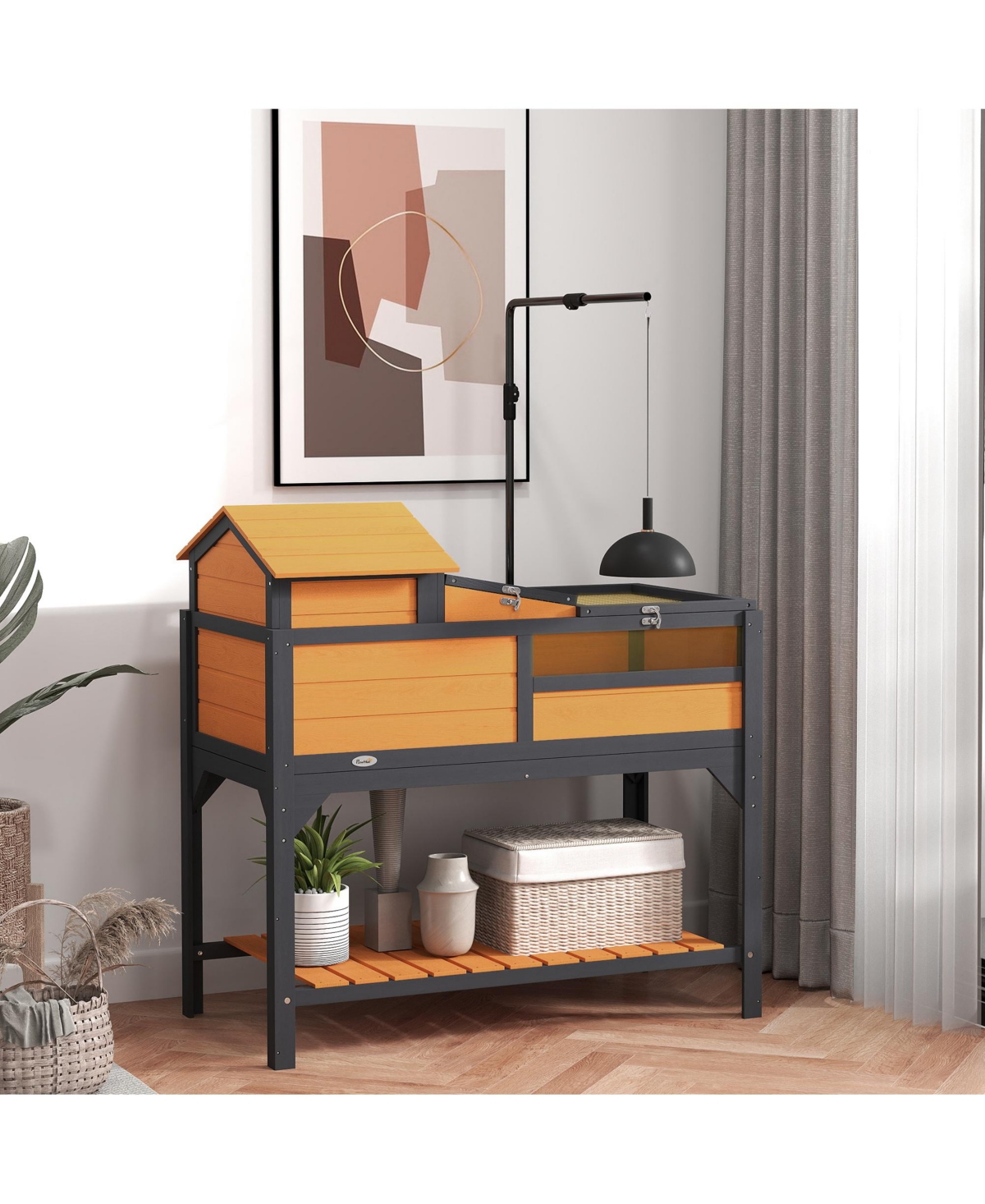 PawHut Tortoise Habitat with Adjustable Lamp Holder, Storage Shelf,