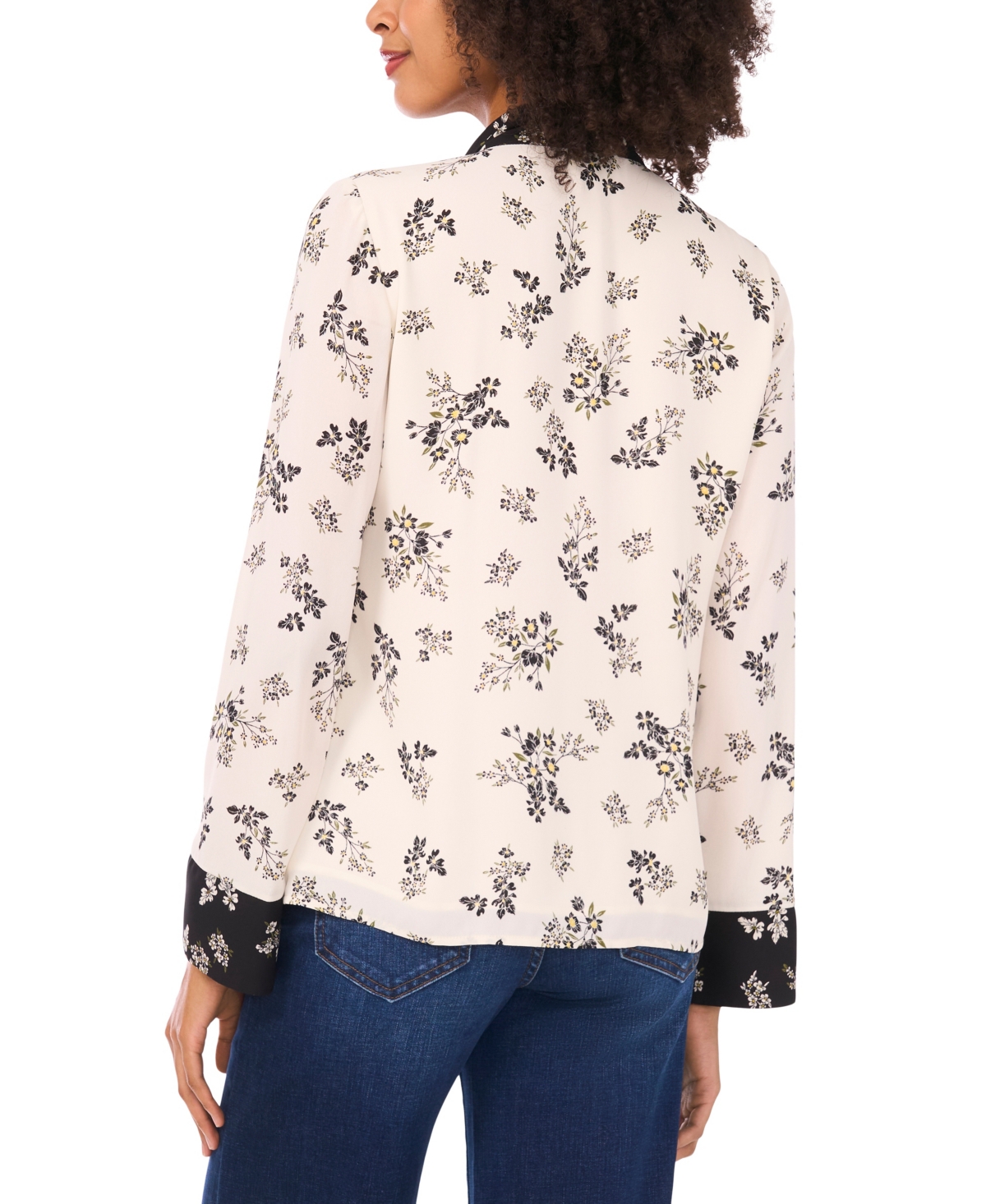 Cece Women's Floral Bow-tie V-neck Button-up Long Cuff-sleeve Blouse In White