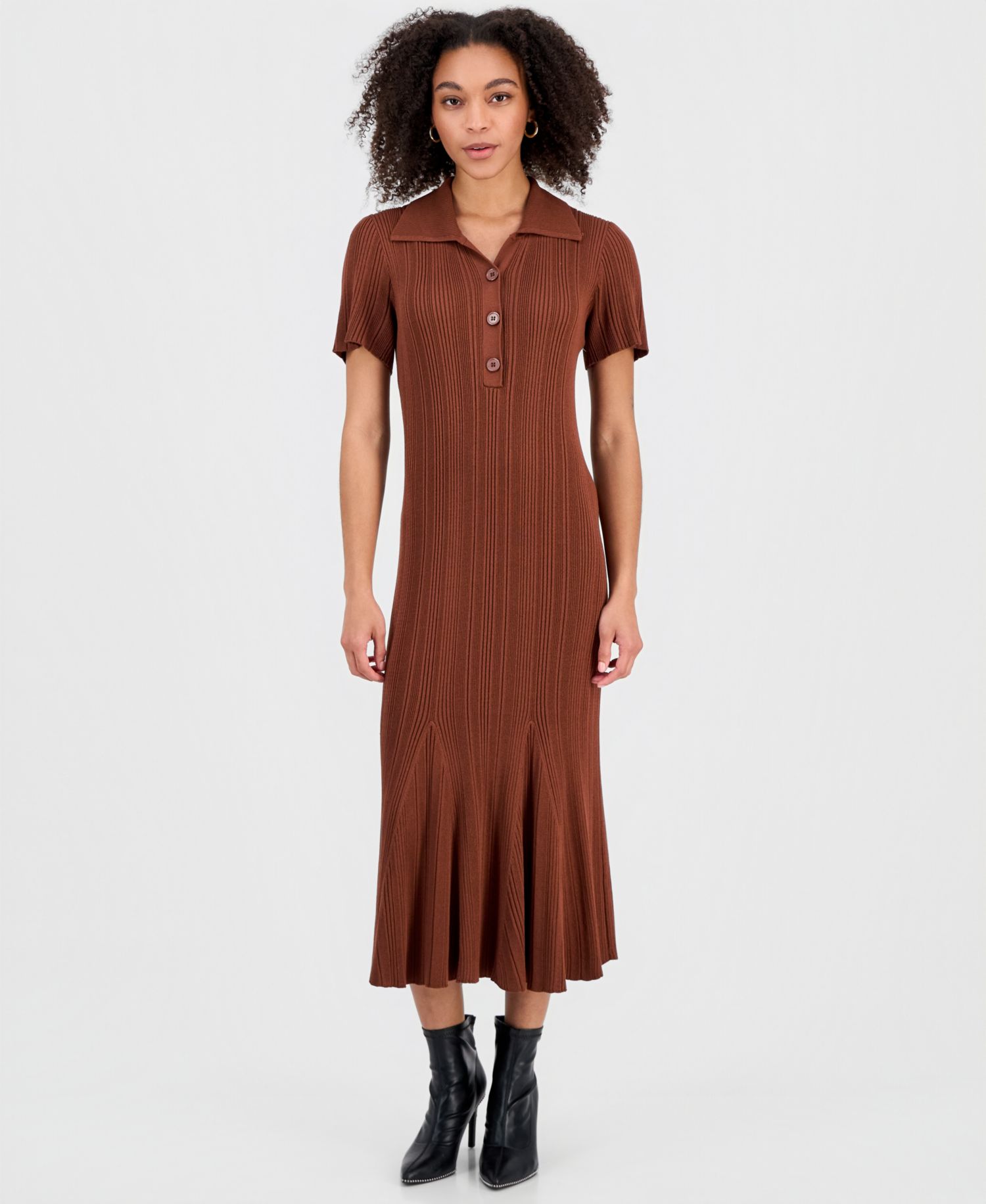 Women's Rib-Knit Short-Sleeve Midi Sweater Dress