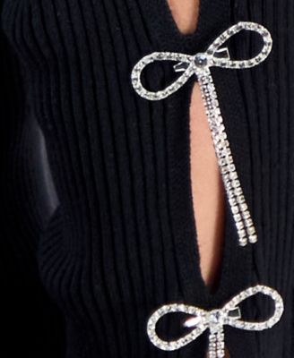 Trendy Plus Size Rhinestone Bow-Sleeve Ribbed Sweater